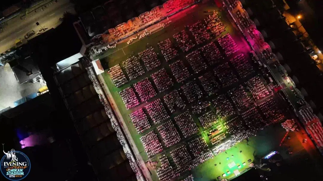 Drone view of the crowd filling Onikan Stadium, Lagos